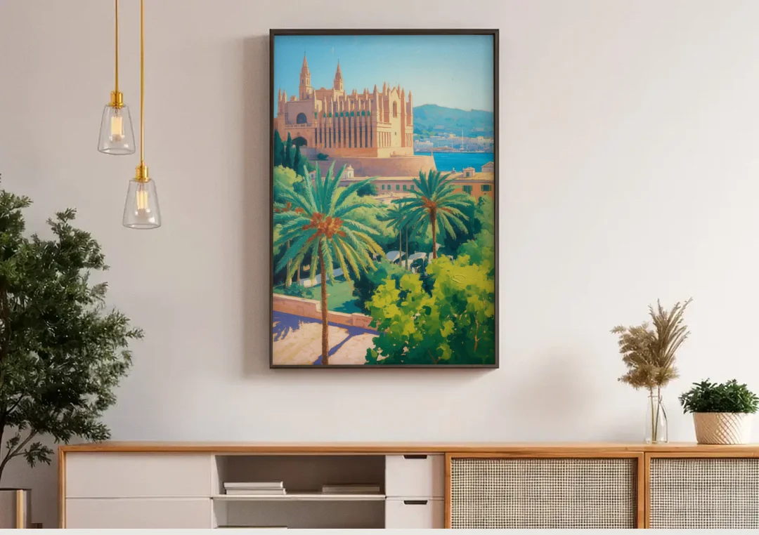 Almudaina Palace View canvas wall art above a wooden sideboard under pendant lights