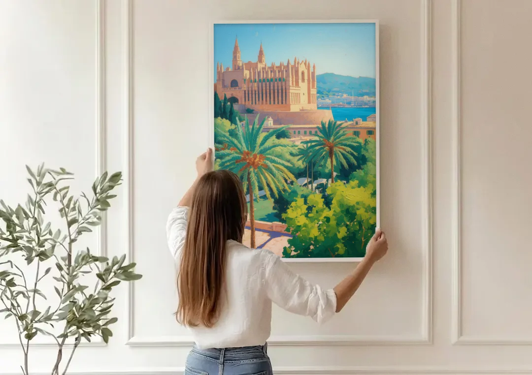 Almudaina Palace View canvas wall art being hung on a paneled wall