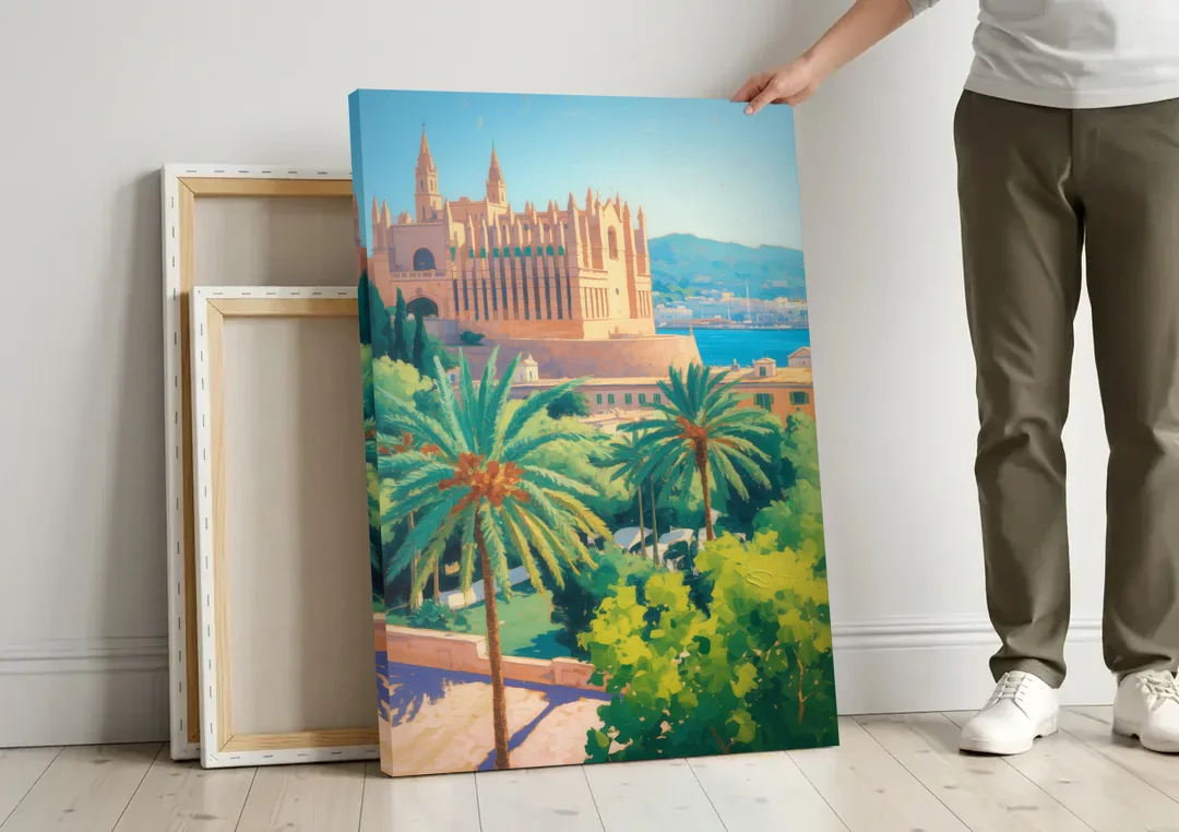 Almudaina Palace View canvas wall art leaning against a wall next to blank canvases
