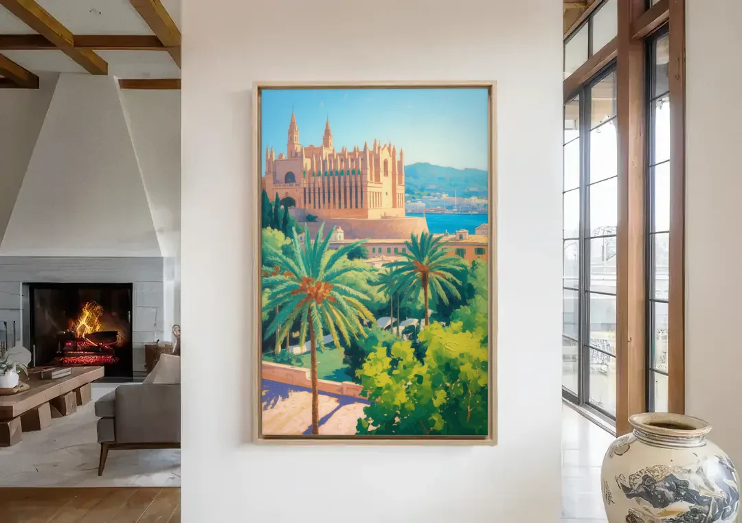 Almudaina Palace View canvas wall art in a living room with a fireplace