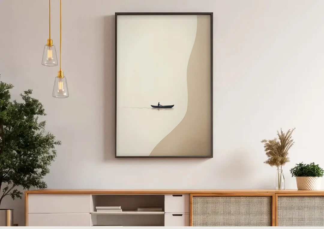 Alone with the Water canvas wall art above a wooden sideboard under pendant lights