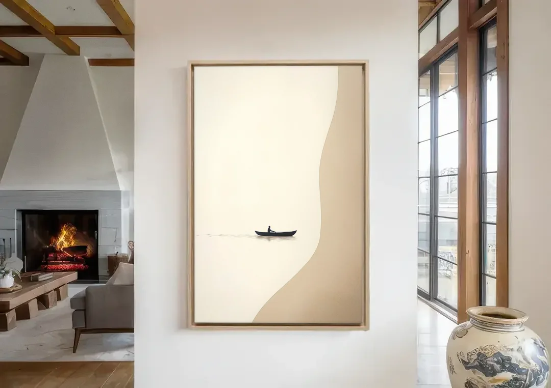 Alone with the Water canvas wall art in a living room with a fireplace