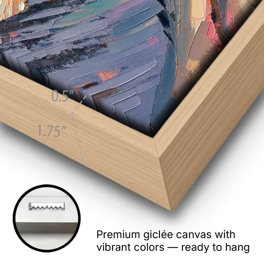Alpenglow Peak at Winter Dusk - Oak Framed Canvas Wall Art - Gallery Wrap Corner