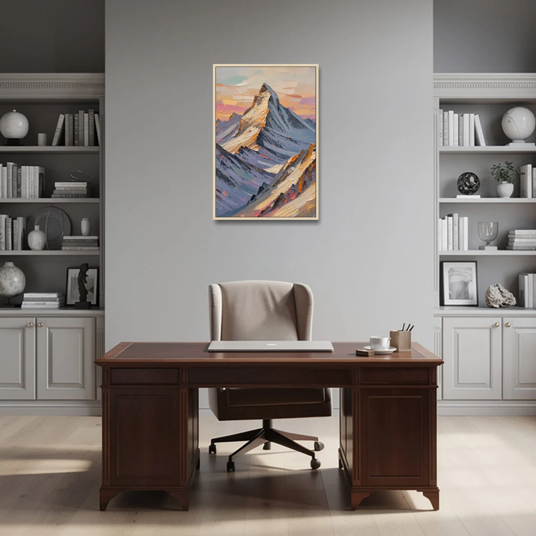 Alpenglow Peak at Winter Dusk - Oak Framed Canvas Wall Art - Office - 24x36