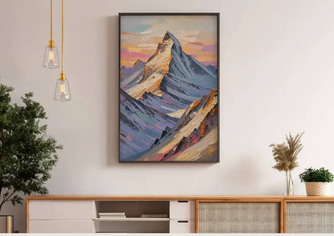 Alpenglow Peak at Winter Dusk canvas wall art above a wooden sideboard under pendant lights