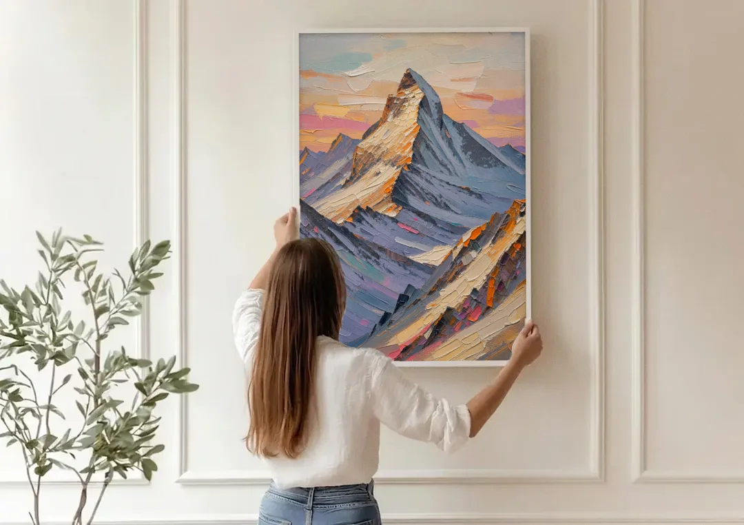 Alpenglow Peak at Winter Dusk canvas wall art being hung on a paneled wall