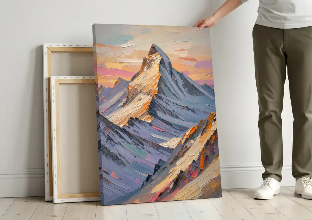 Alpenglow Peak at Winter Dusk canvas wall art leaning against a wall next to blank canvases