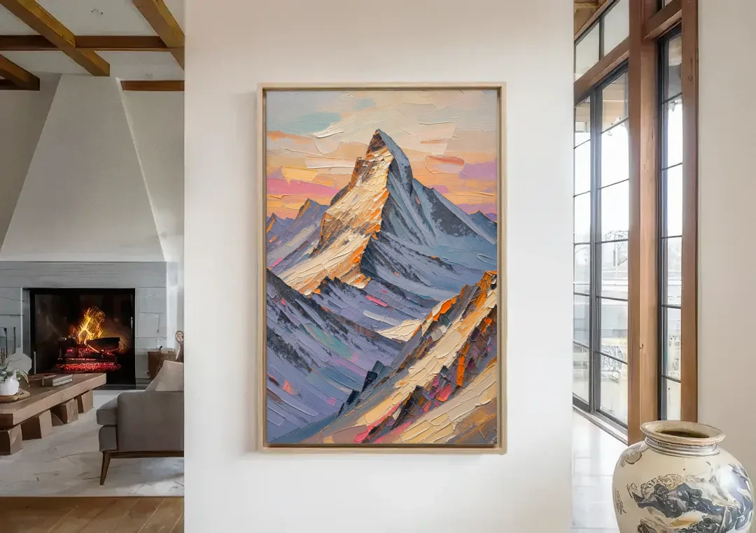 Alpenglow Peak at Winter Dusk canvas wall art in a living room with a fireplace