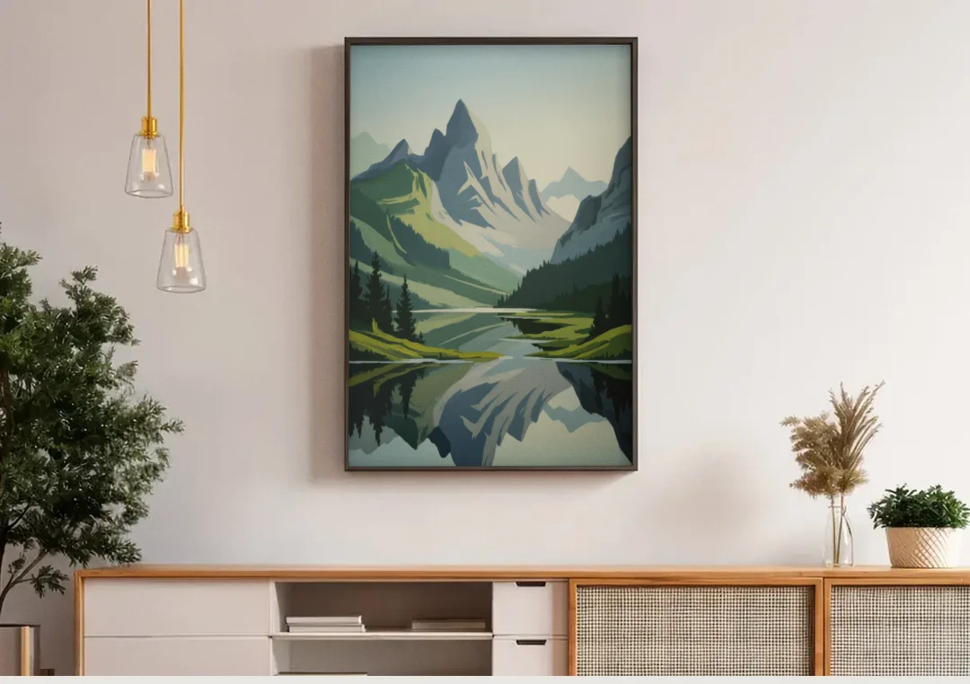Alpine Adventure canvas wall art above a wooden sideboard under pendant lights