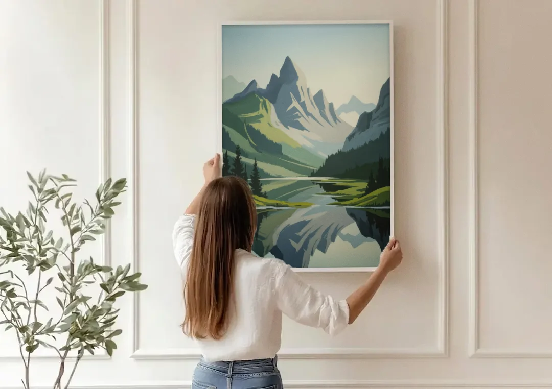 Alpine Adventure canvas wall art being hung on a paneled wall