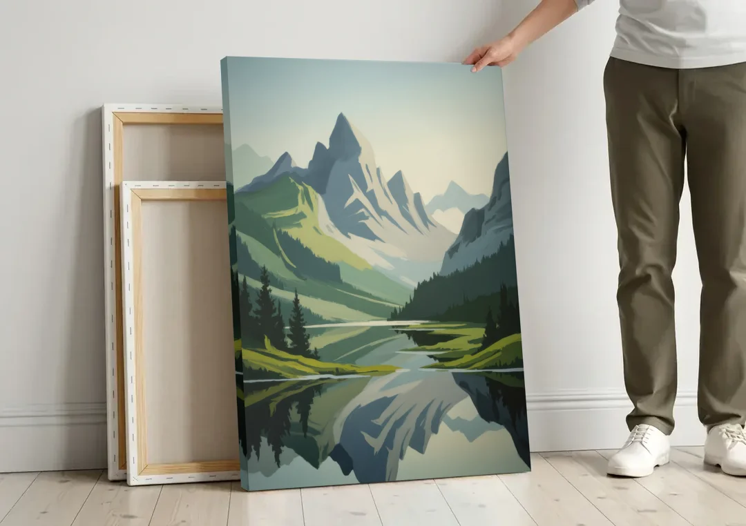 Alpine Adventure canvas wall art leaning against a wall next to blank canvases