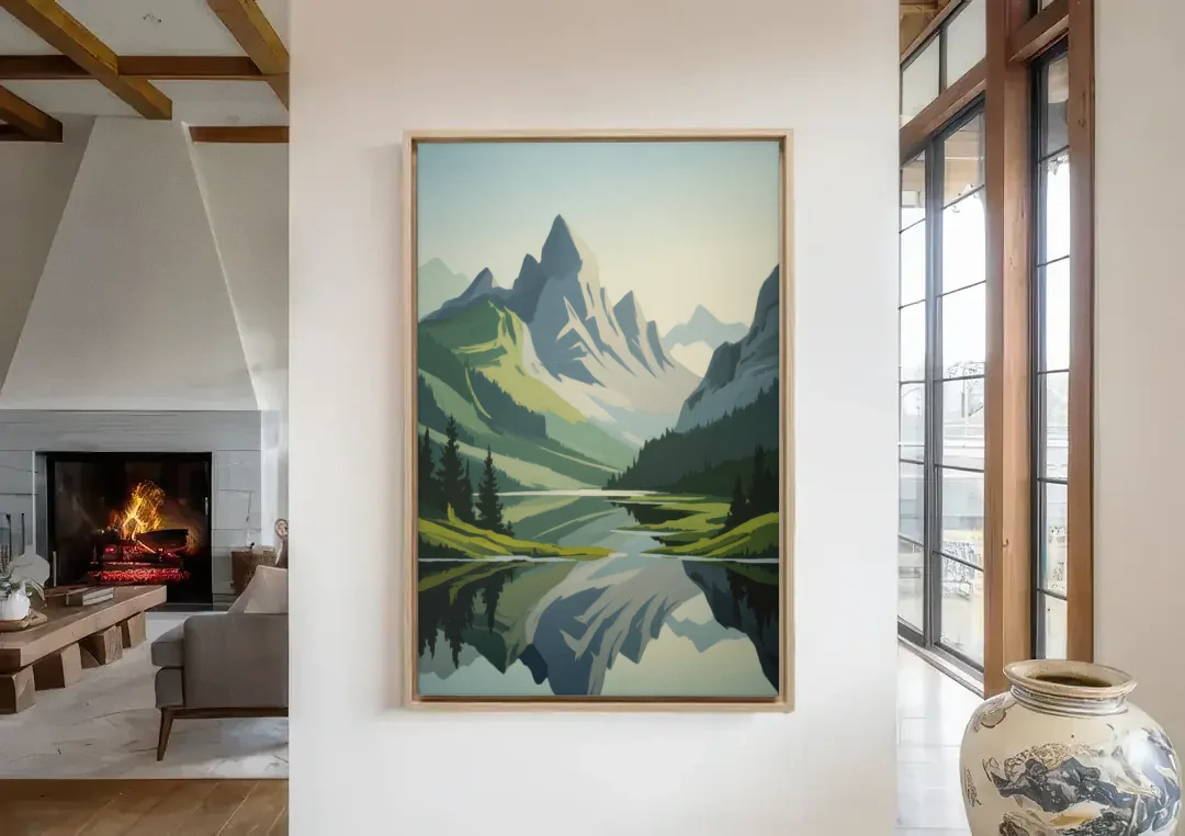 Alpine Adventure canvas wall art in a living room with a fireplace