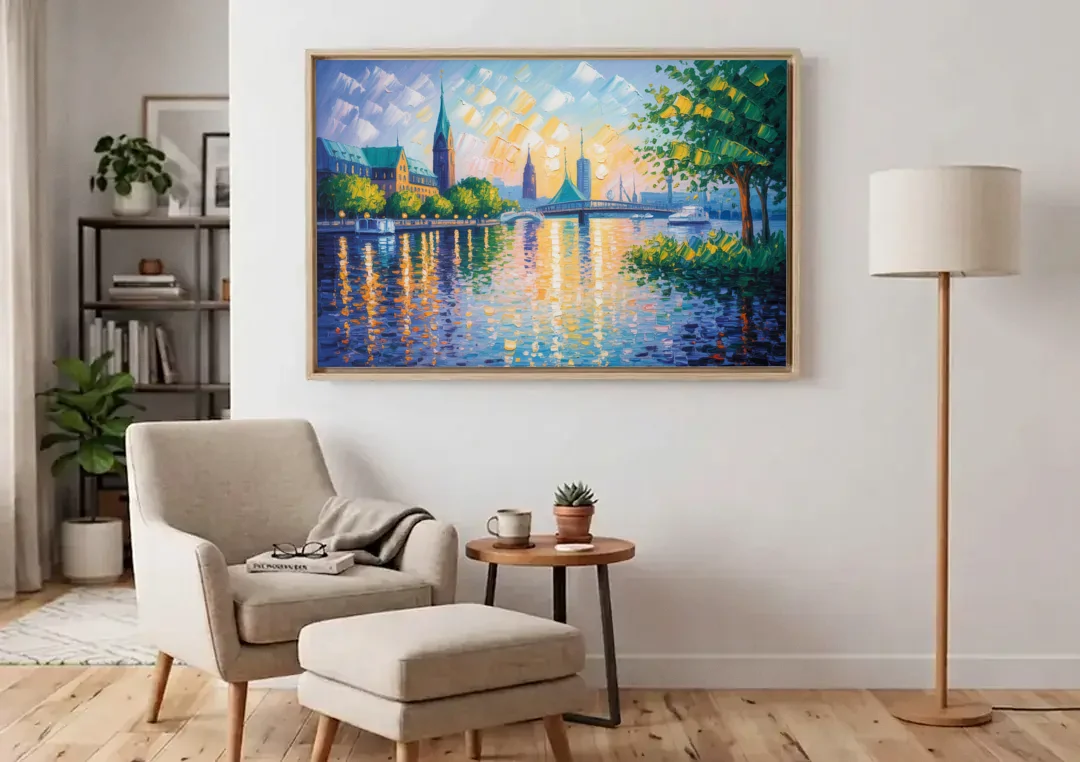 Alster Serenity canvas wall art above an armchair in a bright living room