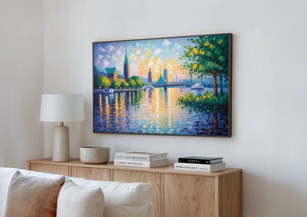 Alster Serenity canvas wall art above a wooden sideboard next to a sofa