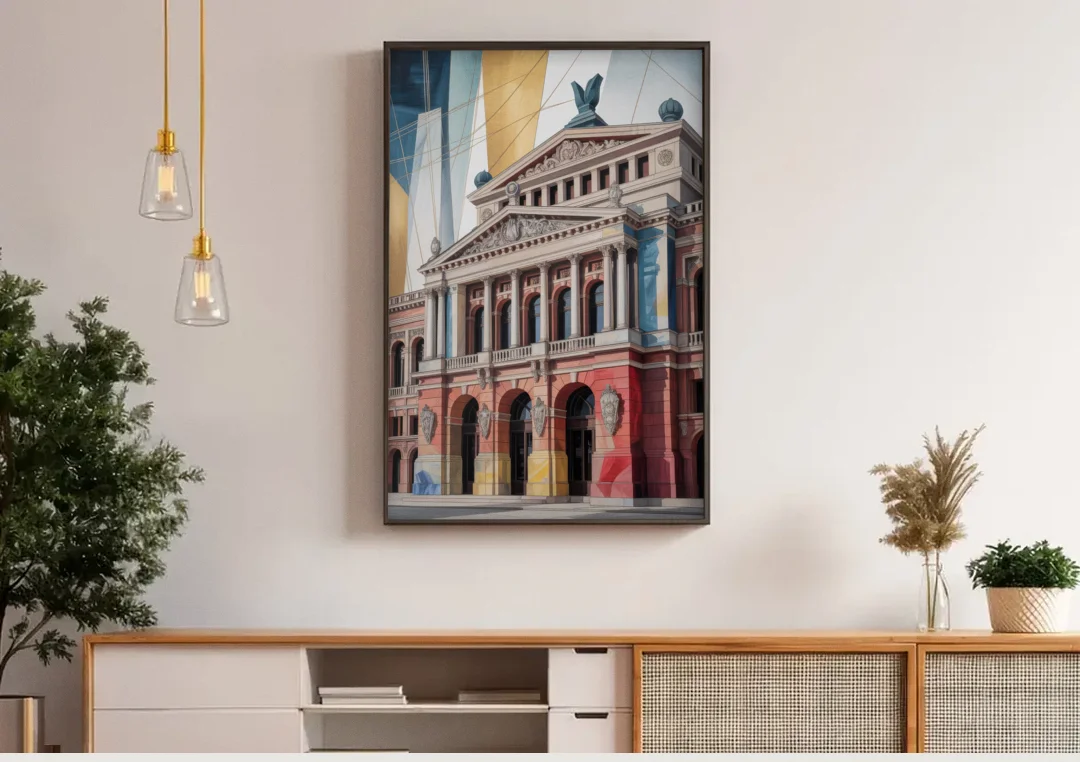 Alte Oper Majesty canvas wall art above a wooden sideboard under pendant lights