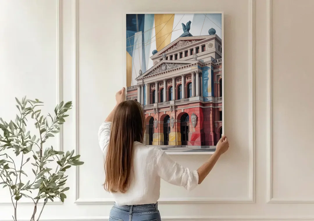 Alte Oper Majesty canvas wall art being hung on a paneled wall