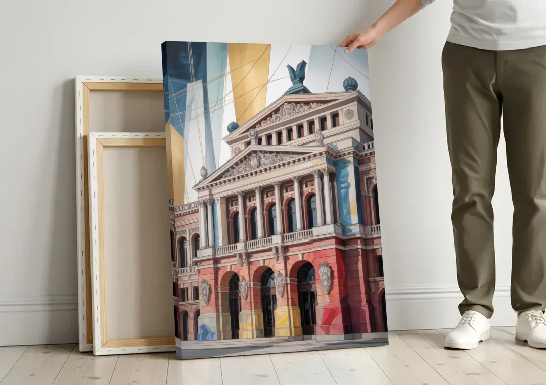 Alte Oper Majesty canvas wall art leaning against a wall next to blank canvases