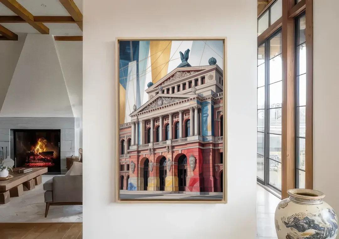 Alte Oper Majesty canvas wall art in a living room with a fireplace