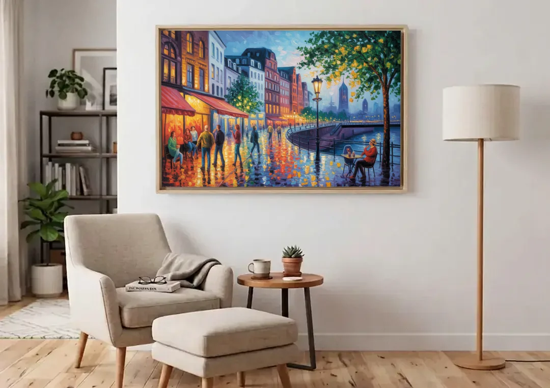 Altstadt Charm canvas wall art above an armchair in a bright living room