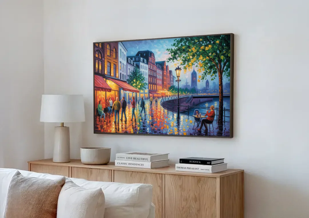 Altstadt Charm canvas wall art above a wooden sideboard next to a sofa