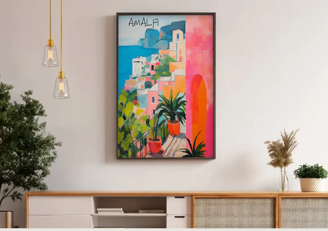 Amalfi Art with a Pink Arch canvas wall art above a wooden sideboard under pendant lights