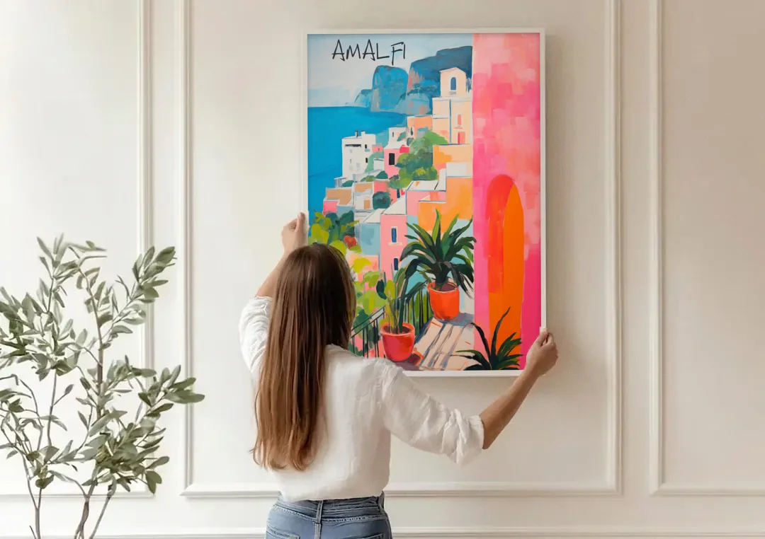 Amalfi Art with a Pink Arch canvas wall art being hung on a paneled wall
