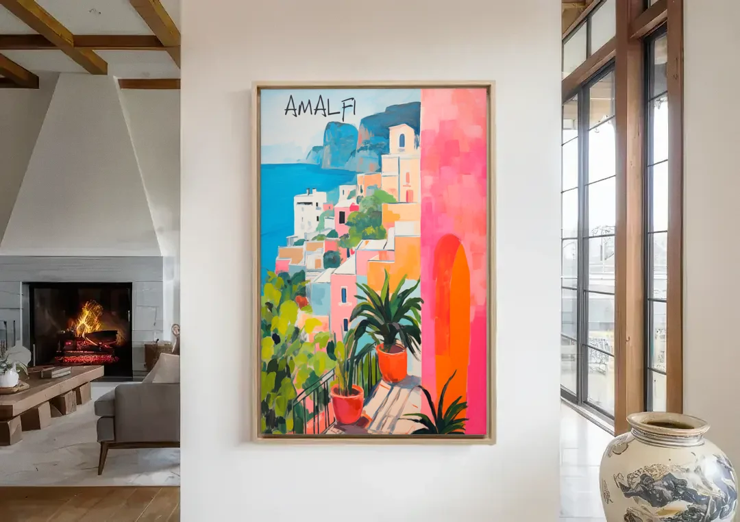 Amalfi Art with a Pink Arch canvas wall art in a living room with a fireplace