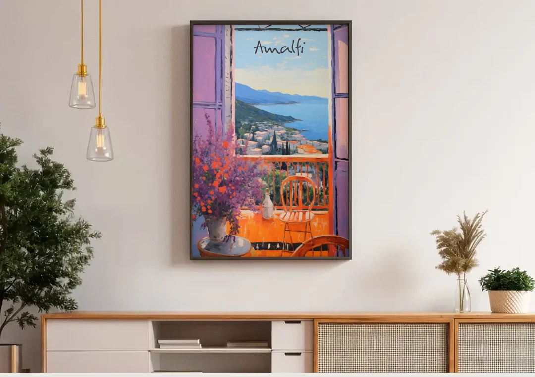 Amalfi Coast Art Through a Window canvas wall art above a wooden sideboard under pendant lights