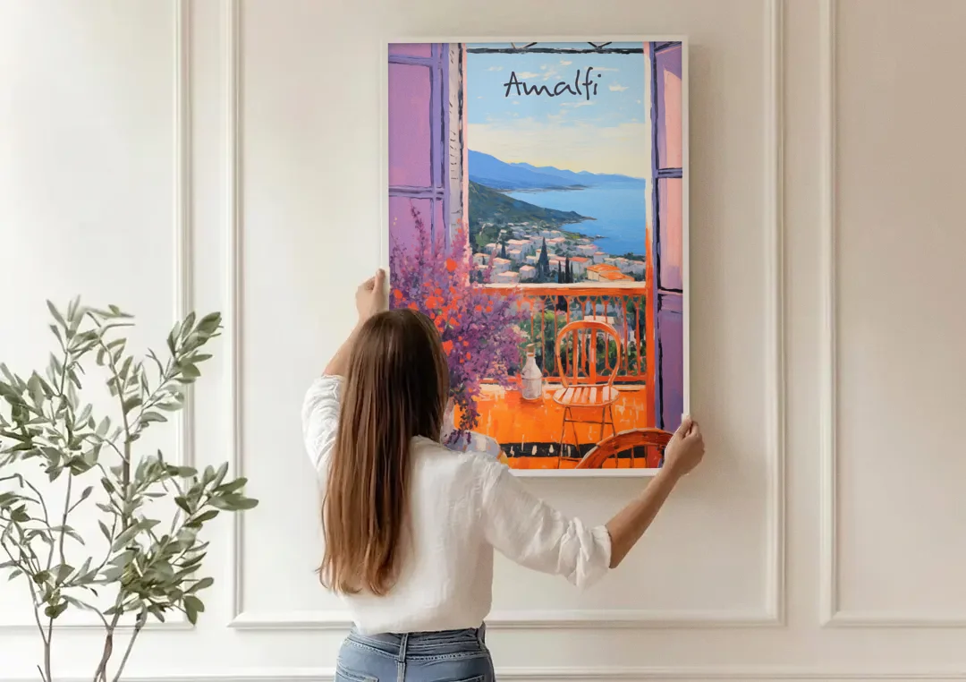 Amalfi Coast Art Through a Window canvas wall art being hung on a paneled wall