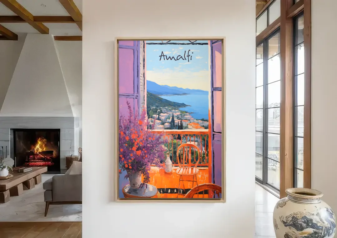 Amalfi Coast Art Through a Window canvas wall art in a living room with a fireplace