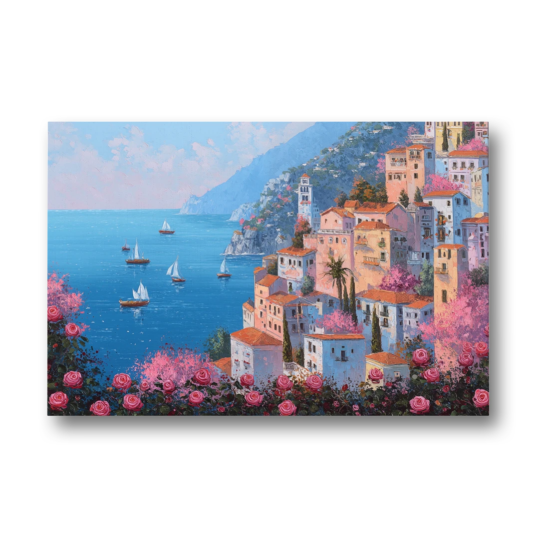 Amalfi Coast Painting with Sailboats - Canvas Wall Art - Front