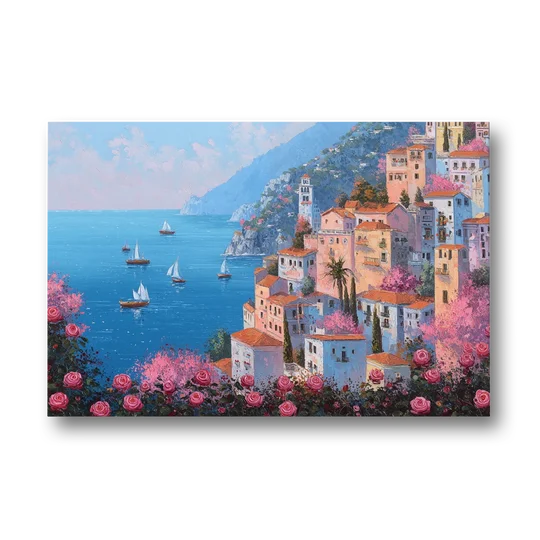 Amalfi Coast Painting with Sailboats - Canvas Wall Art - Front