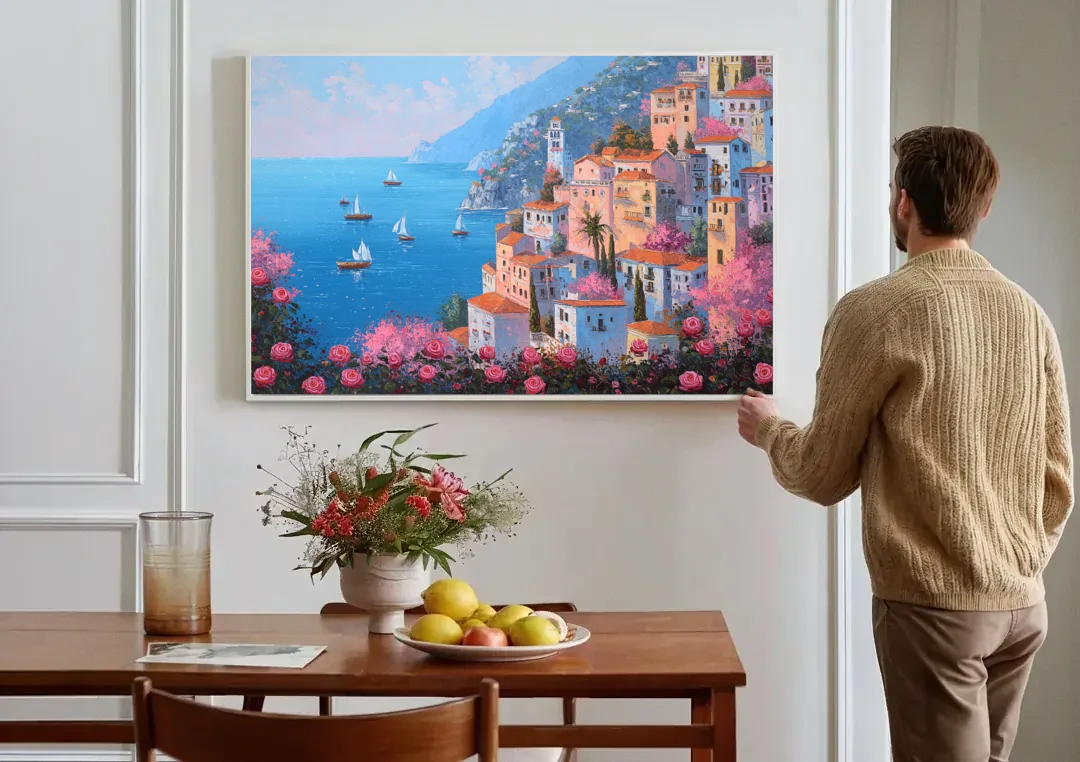 Amalfi Coast Painting with Sailboats canvas wall art above a dining table
