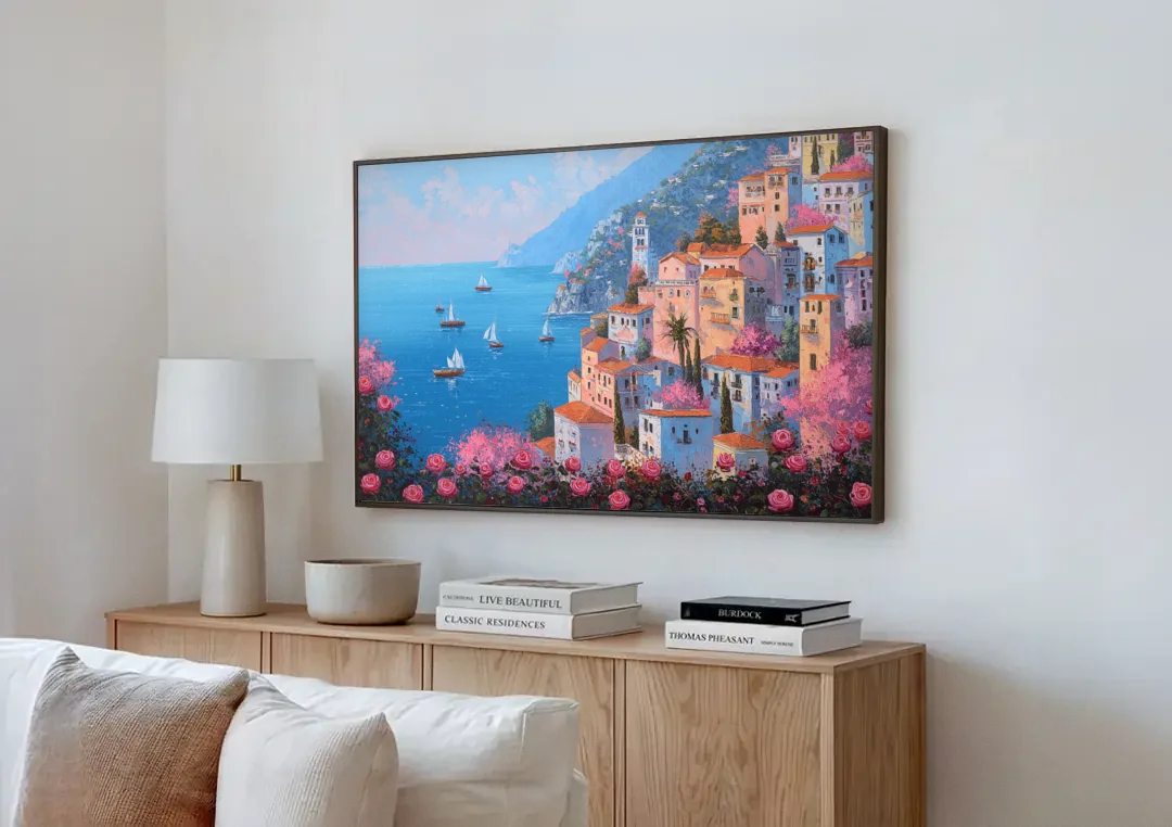 Amalfi Coast Painting with Sailboats canvas wall art above a wooden sideboard next to a sofa