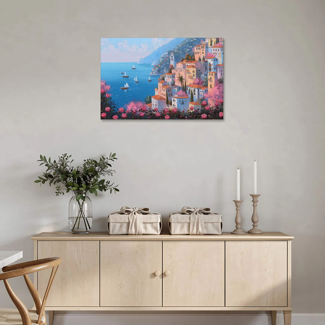 Amalfi Coast Painting with Sailboats - Canvas Wall Art - Coffee Table - 36x24