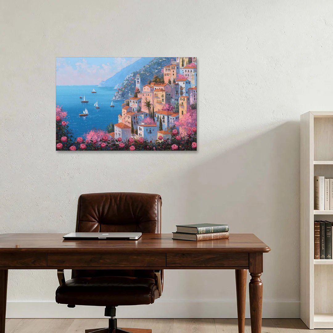 Amalfi Coast Painting with Sailboats - Canvas Wall Art - Office - 36x24