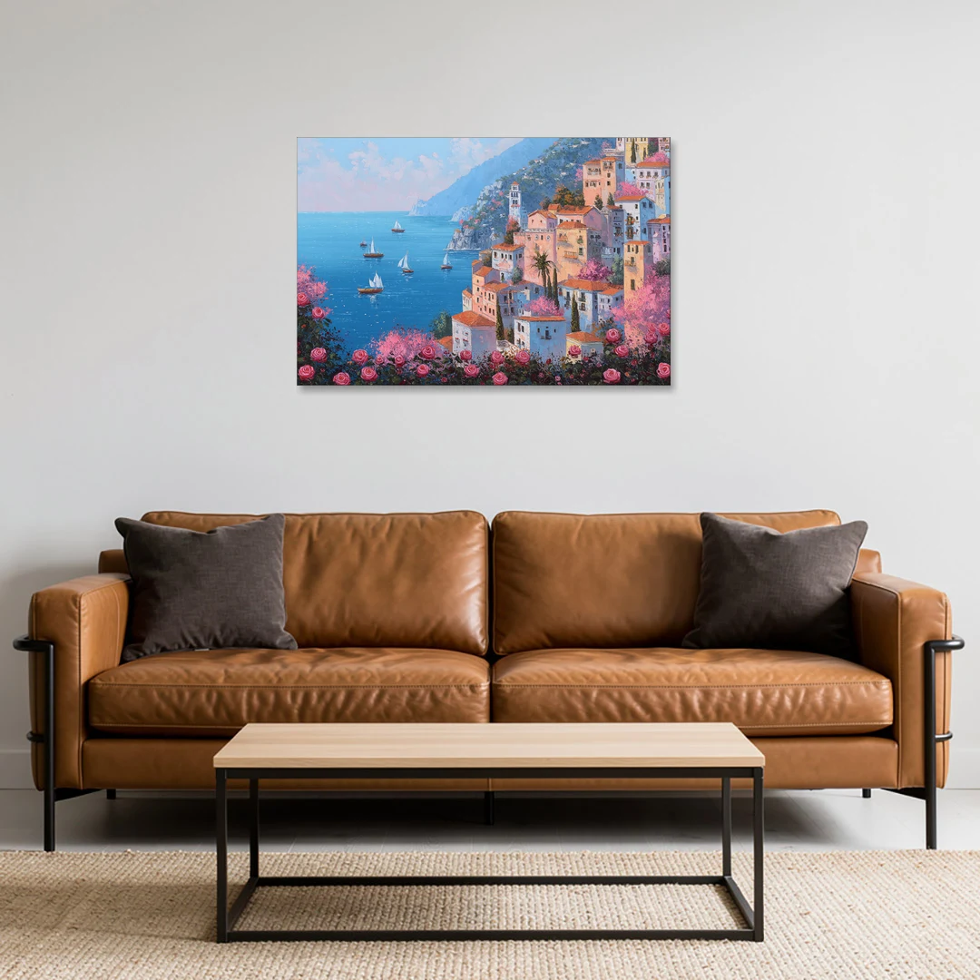 Amalfi Coast Painting with Sailboats - Canvas Wall Art - Sofa - 36x24