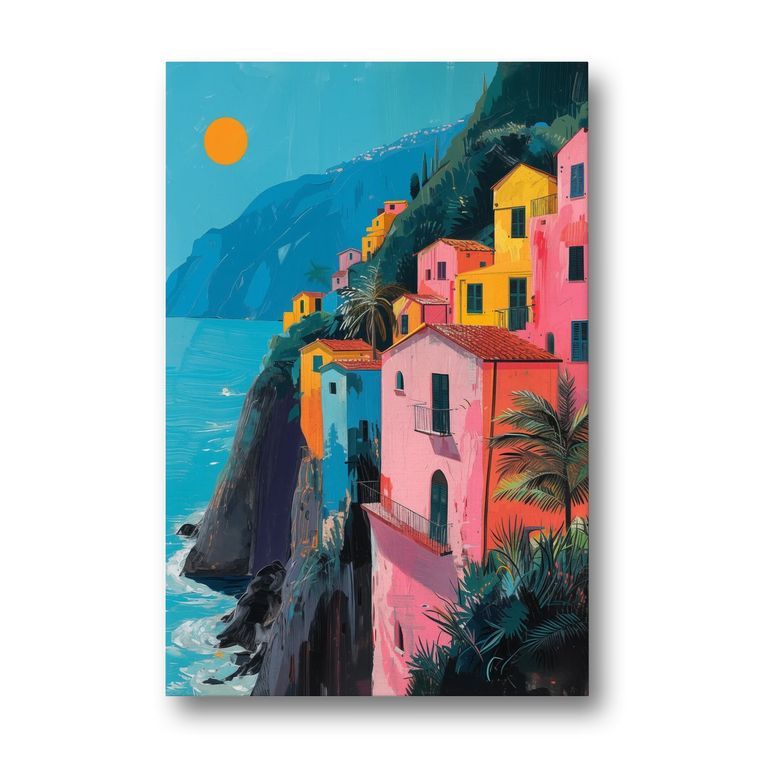 Amalfi Painting of Pink Cliff Houses - Canvas Wall Art - Front