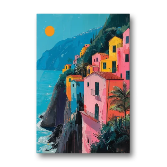 Amalfi Painting of Pink Cliff Houses - Canvas Wall Art - Front