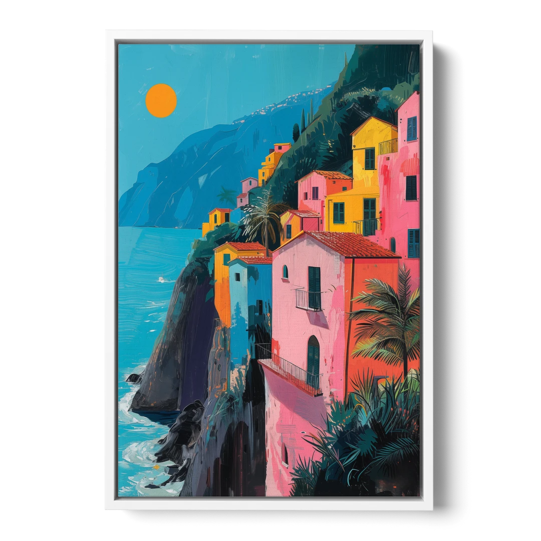 Amalfi Painting of Pink Cliff Houses - White Framed Canvas Wall Art - Front