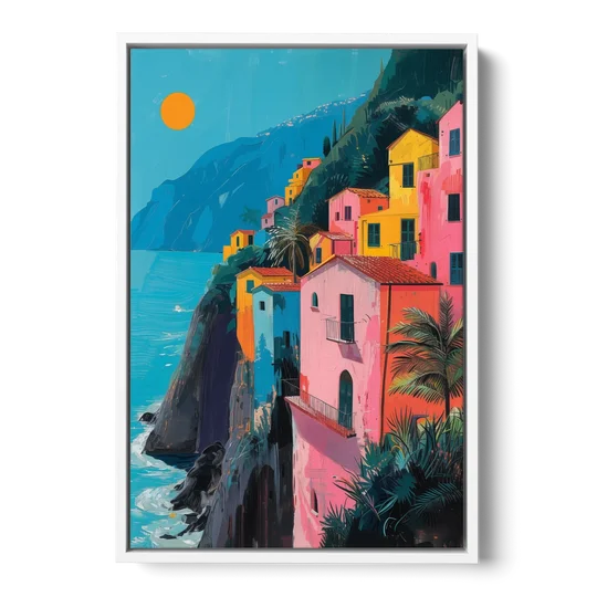 Amalfi Painting of Pink Cliff Houses - White Framed Canvas Wall Art - Front