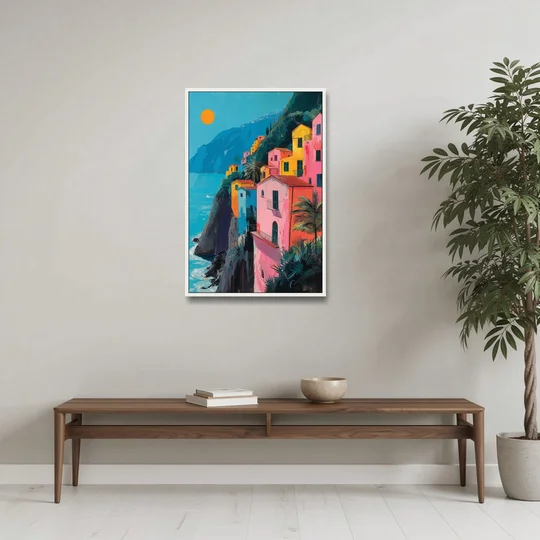 Amalfi Painting of Pink Cliff Houses - White Framed Canvas Wall Art - Coffee Table - 24x36
