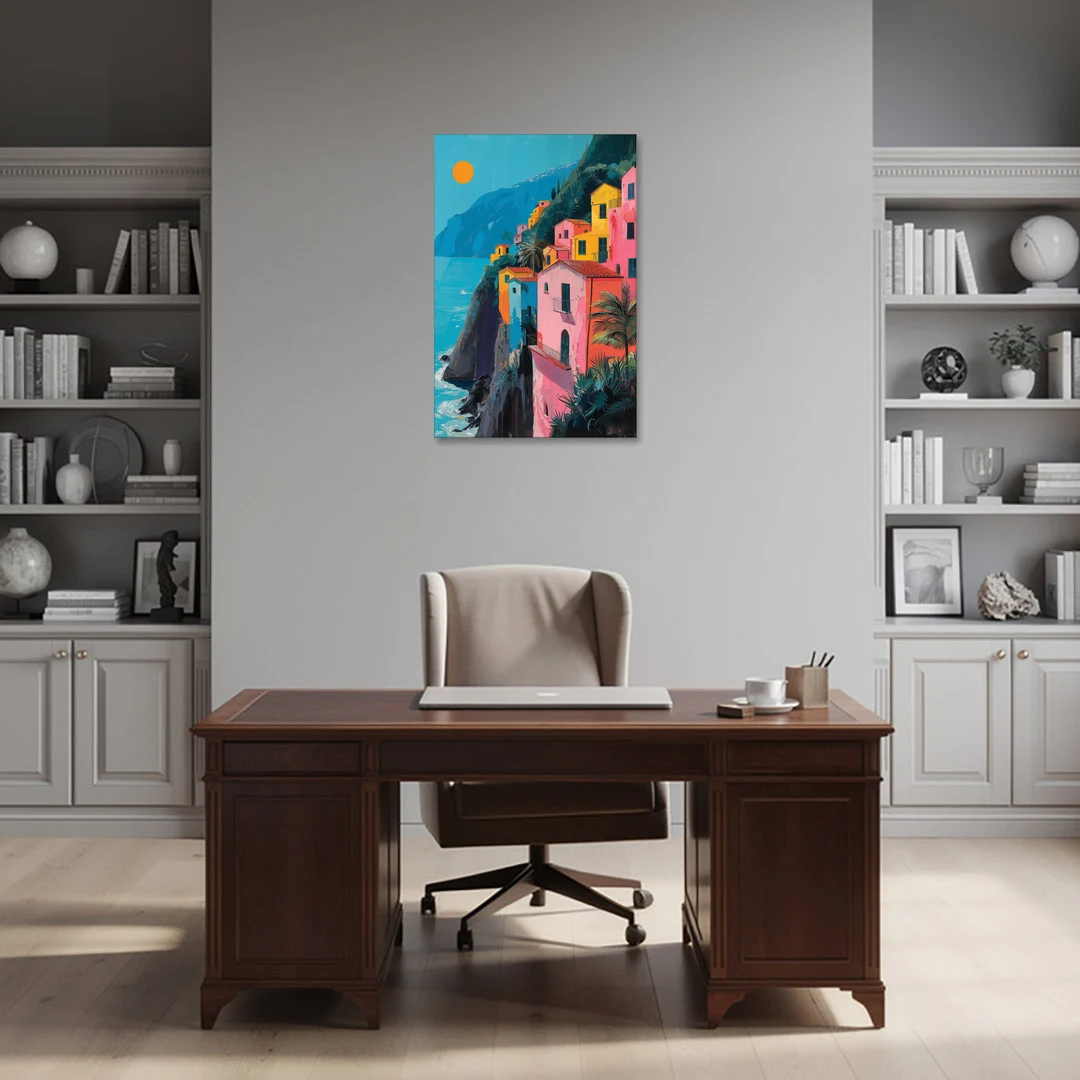 Amalfi Painting of Pink Cliff Houses - Canvas Wall Art - Office - 24x36