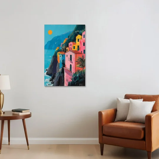 Amalfi Painting of Pink Cliff Houses - Canvas Wall Art - Sofa - 24x36