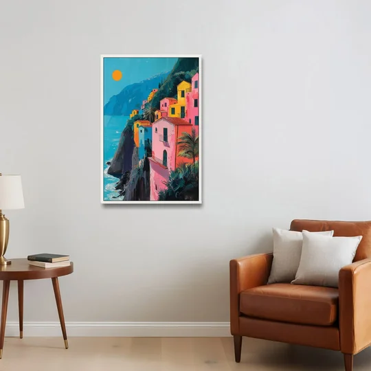 Amalfi Painting of Pink Cliff Houses - White Framed Canvas Wall Art - Sofa - 24x36
