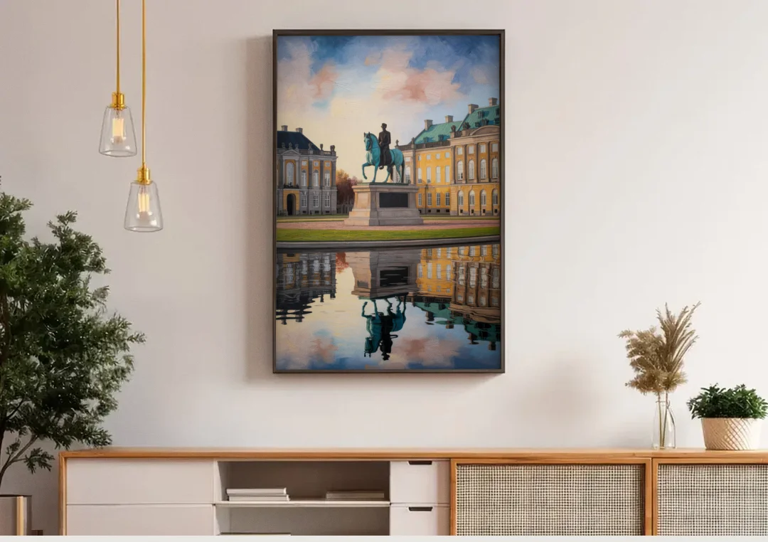Amalienborg Majesty canvas wall art above a wooden sideboard under pendant lights