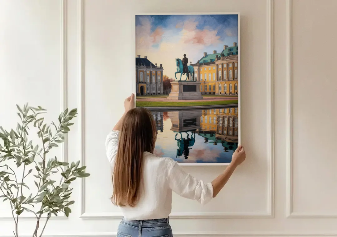 Amalienborg Majesty canvas wall art being hung on a paneled wall