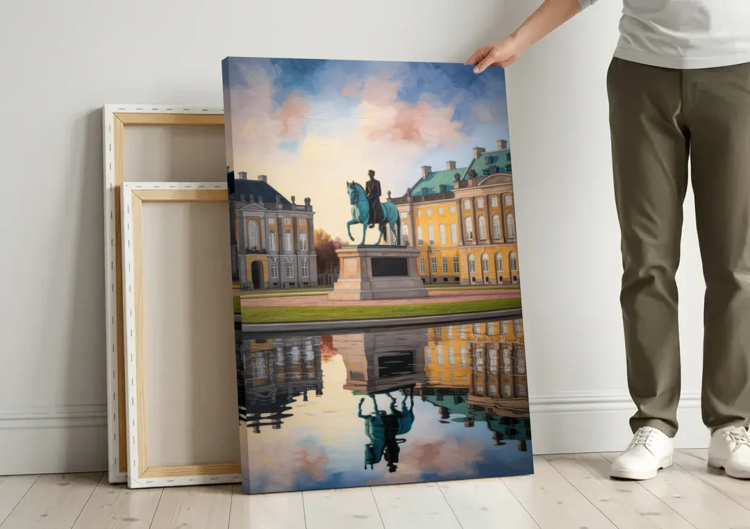 Amalienborg Majesty canvas wall art leaning against a wall next to blank canvases