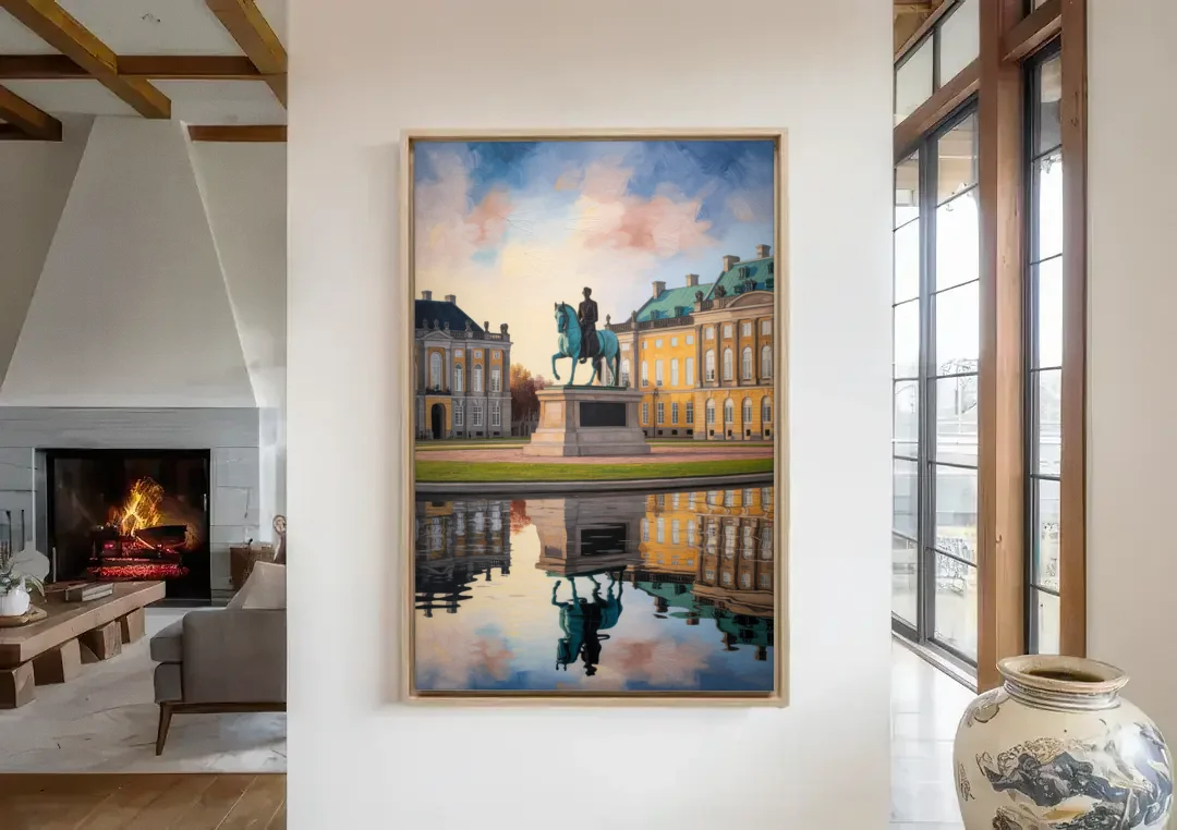 Amalienborg Majesty canvas wall art in a living room with a fireplace