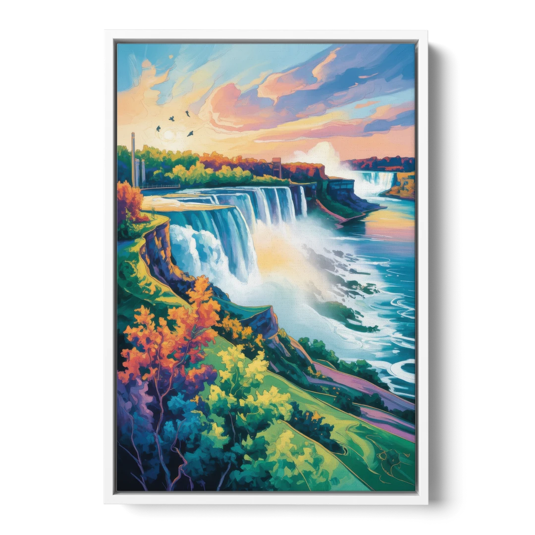 American and Canadian Falls View - White Framed Canvas Wall Art - Front